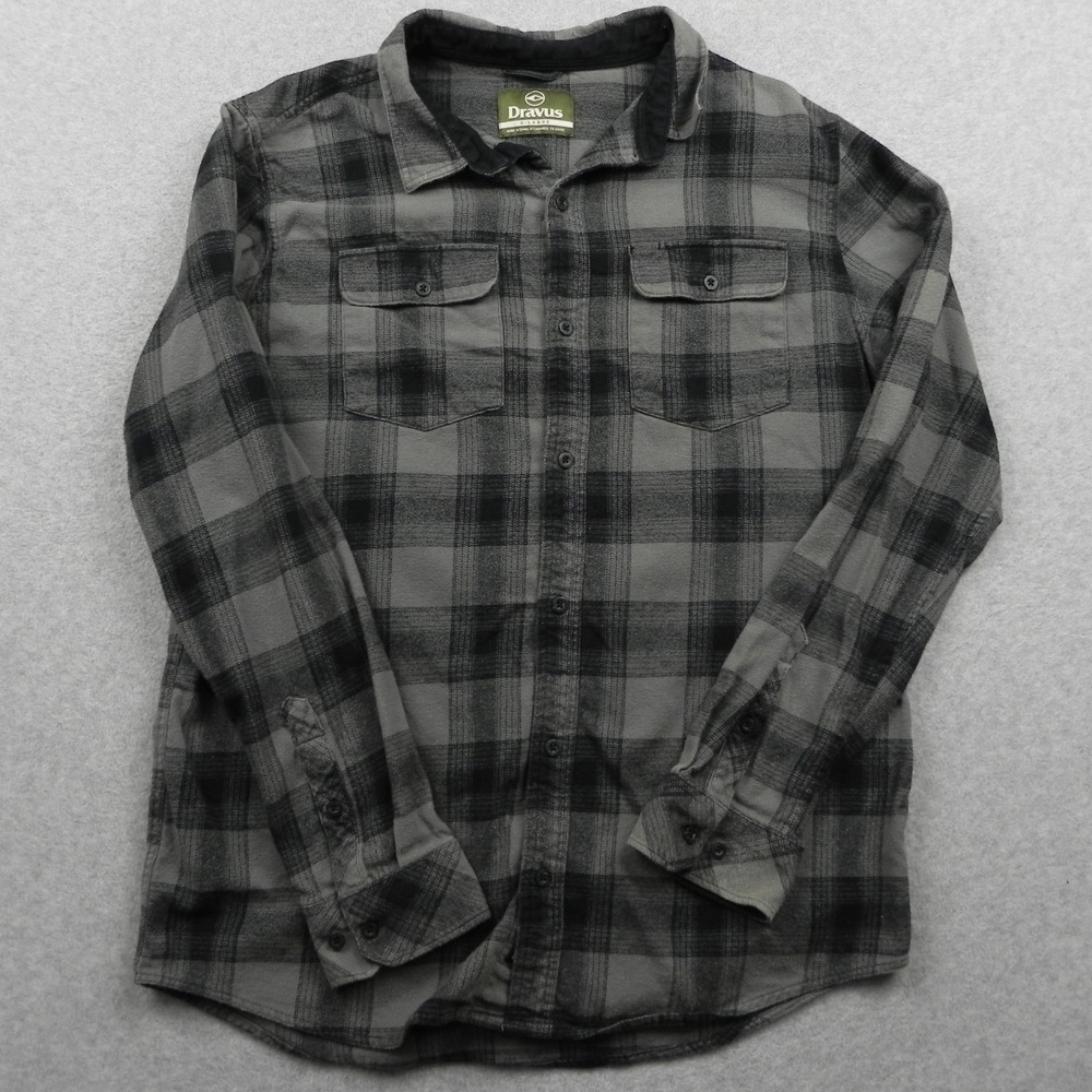 Dravus Flannel Shirt Mens XL Utility Flap Pocket Button Gray Plaid Long Sleeve